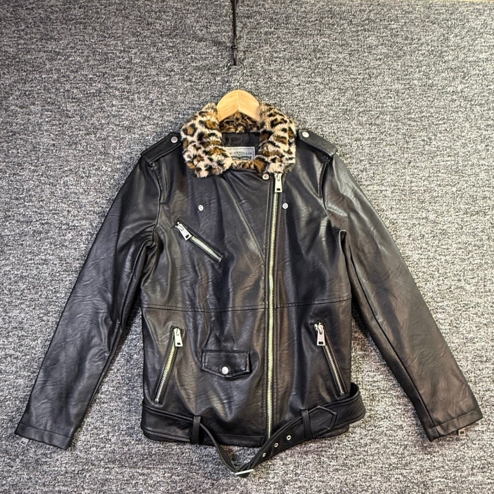 Levi Strauss & Co Womens Black Faux Leather Moto Jacket Leopard Fur Collar M